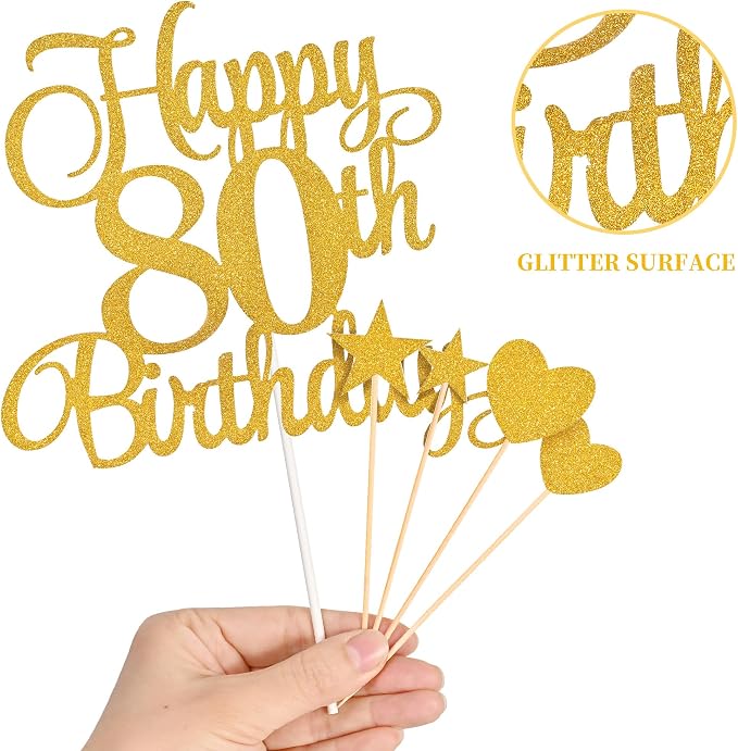 80th Birthday Cake Decorations, 80th Birthday Candles Cake Numeral Candles and Glitter Happy 80th Birthday Cake Toppers Set for Birthday Party Supplies (Gold)