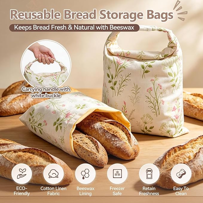 2 Pack Beeswax Bread Bags for Sourdough, Reusable XL Zipper Cotton-Linen Bread Bags for Homemade Bread, Keep Fresh Longer for Bakery, Loaves, Pastry (2, Colorful Flowers)