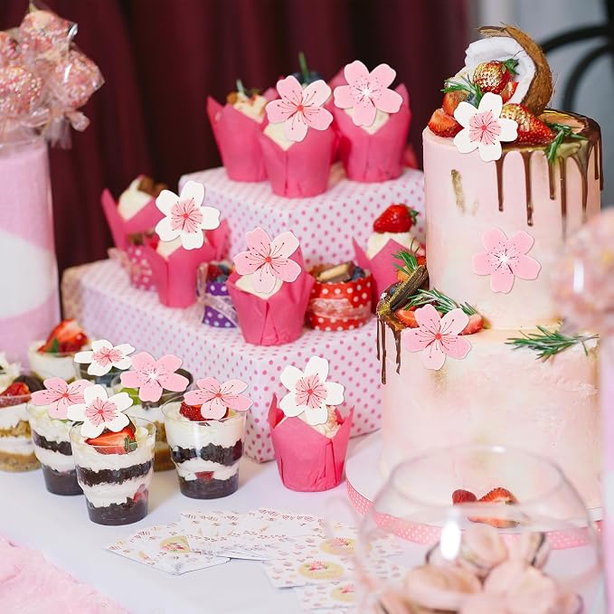 70Pcs Cherry Blossom Edible Cake Decorations Wafer Paper Flower Cupcake Toppers Paper Pink Cherry Blossom Flowers Wedding Themed Party Birthday Cake Decoration