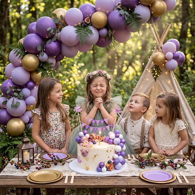21 Pcs Happy Birthday Cake Topper Cake Bunting Topper Banner with Wood Pole Rainbow Garland with Bow Ribbon Balloon, Mini Cupcake Decor for Birthday Baby Shower (Purple,White)