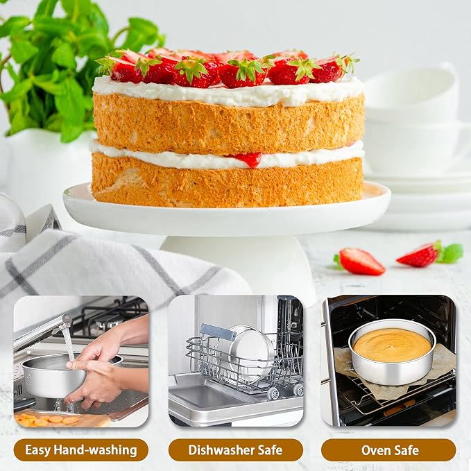 P&P CHEF 8 Inch Cake Pans Set, Round Baking Pan Stainless Steel Layer Birthday Wedding Cake Oven Pans, Non Toxic & Heavy Duty, Deep Side & Mirror Finish, Dishwasher Safe, (3Pcs)