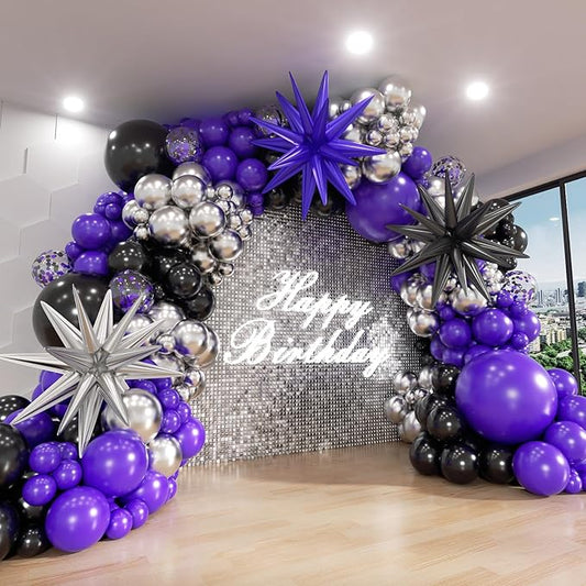 Purple and Black Balloon Arch Kit, 132Pcs Explosion Star Metallic Silver Purple Black Confetti Balloon Garland kit Different Size Balloons for Halloween Graduation Birthday Party Decorations
