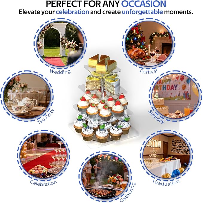 4-Tier Rotating Cupcake Stand, Clear Acrylic 360° Spinning Dessert Display Tower for Cakes & Pastries, Serving Stand for Weddings, Birthdays, Parties - Square