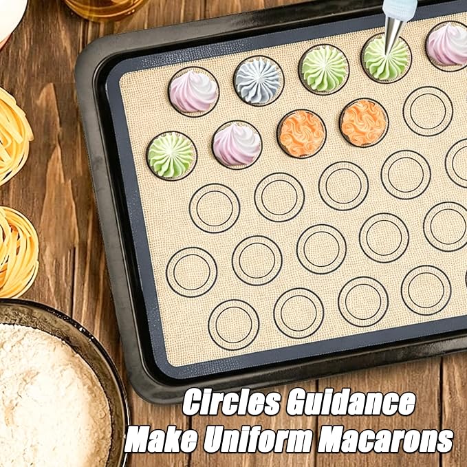 Macaron Silicone Baking Mats Kit (23 Pcs set) 16.5''x11.4'' Nonstick Macaroon Baking Mat Set of 2 Half Sheet with 12 Piping Tip 3 Scraper 2 Piping Bag 2 Bag Tie 2 coupler