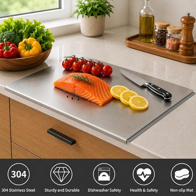 Large Stainless Steel Cutting Board with Lip for Kitchen, Chopping Boards with Grey Non-slip Mat, Cutting Board with Counter Lip for Meat, Fruits, Vegetables, Bread,Dough(15.7" × 11.8")