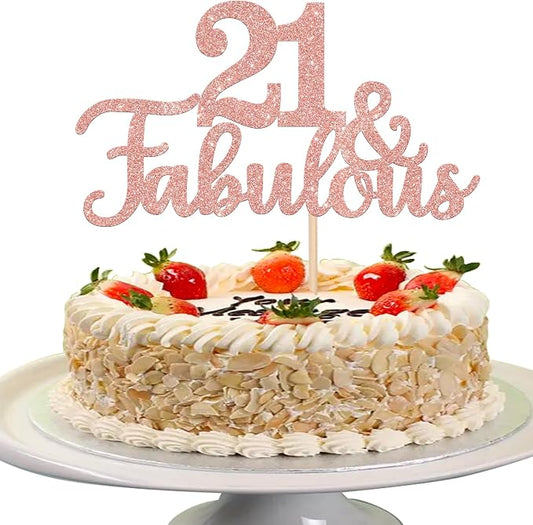 1 PCS 21 & Fabulous Cake Topper Glitter Twenty One and Fabulous Cake Toppers Happy 21st Birthday Cake Pick for 21st Wedding Anniversary Birthday Party Cake Decorations Supplies Rose Gold