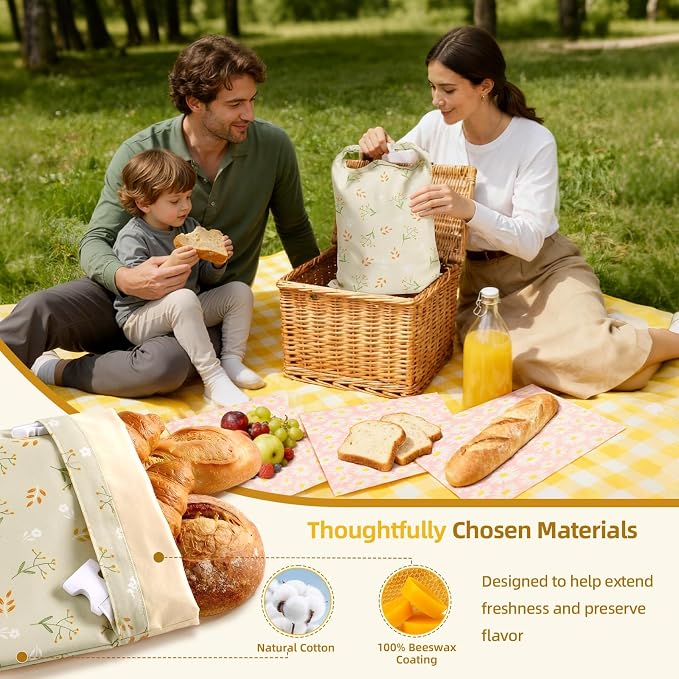 2 Pack Beeswax Bread Bags for Homemade Sourdough Bread, Includes 2 Wraps, 17×13 Inches Organic Cotton Bread Storage Bags, Keeps Bread Fresh, Ideal for Bakers, Kitchen, Travel (Tiny Floral)