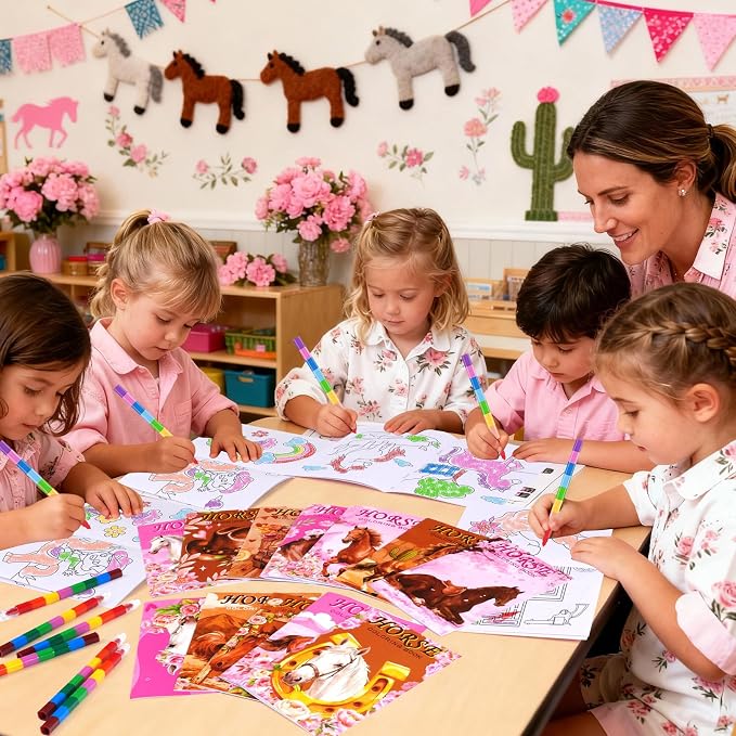 BenLouis 24 Horse Floral Mini Coloring Books Kids with 24 Stacking Crayons Cowgirl Party Party Favors Activity Books Bulk for Kids Girls Horse Racing Flower Goodie Bag Gift Stuffer Classroom Reward