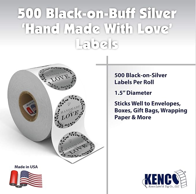 Kenco 1.5" Inch Handmade with Love Stickers, Made in The USA! for Envelopes, Boxes, Packaging and More - 500 Labels Per Roll (2 Pack 1,000 Stickers, Silver FOIL)