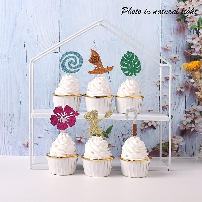 24 PCS Moana Inspired Cupcake Toppers Assembled Glitter Palm Leaf Flower Moana Cupcake Picks for Tropical Hawaiian Luau Theme Baby Shower Birthday Party Cake Decorations Supplies
