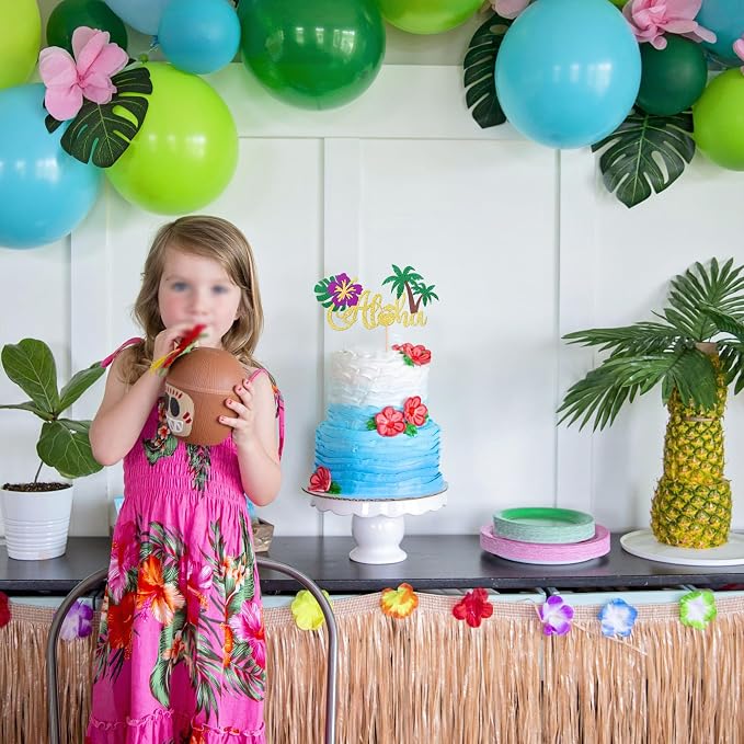 1 PCS Aloha Cake Topper Glitter Tropical Luau Palm Leaves Tree Flower Cake Pick Decoration for Summer Hawaiian Luau Tropical Aloha Theme Baby Shower Birthday Party Cake Decorations Supplies