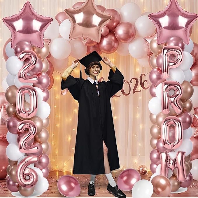 2 Sets Graduation Balloon Column Stand Kits with 132 PCS Rose Champagne Gold Latex Balloons 2026 Letters 6.5 Ft Adjustable Metal Tube Telescopic Tower Pillar with Base for Graduation Party Decoration