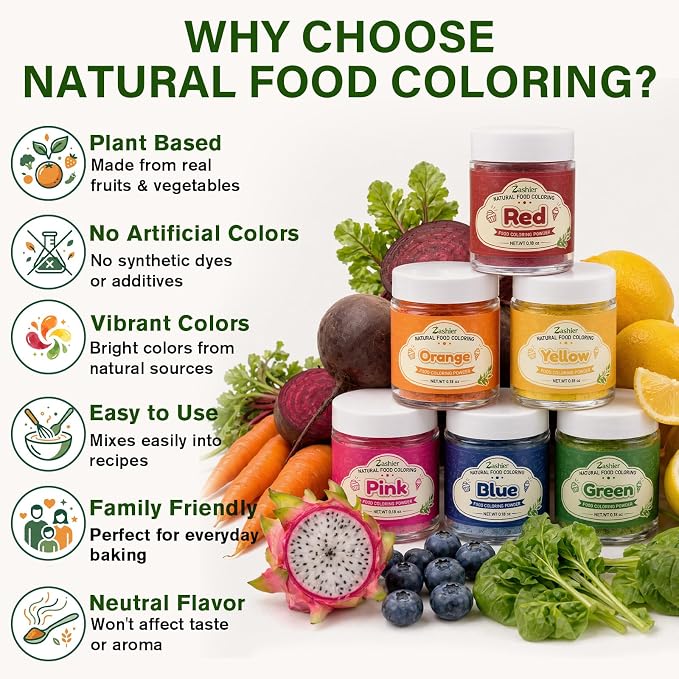 Natural Food Coloring Powder Set - 6 Colors Natural Food Coloring Powder, Free from FD&C Dyes & Artificial Colors, Naturally Derived Food Color Powder, Gluten Free, Concentrated Formula for Baking, Frosting, Icing, Cookies, Macarons & Drinks