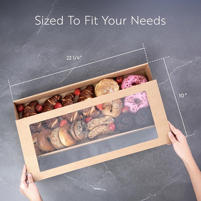 Restaurantware Cater Tek 22.2 x 10 x 3.2 Inch Catering Boxes 10 Insert Tab Lock Baked Goods Boxes - Window Lids Easy Assembly Kraft Paper Window Pastry Boxes For Charcuterie Or Cupcakes