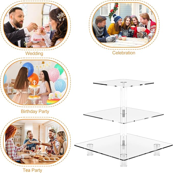 Acrylic Cupcake Stand, Clear Dessert Tower Holder Display with Base for Wedding, Party, Baby Shower, 3 Tier Square, Transparent