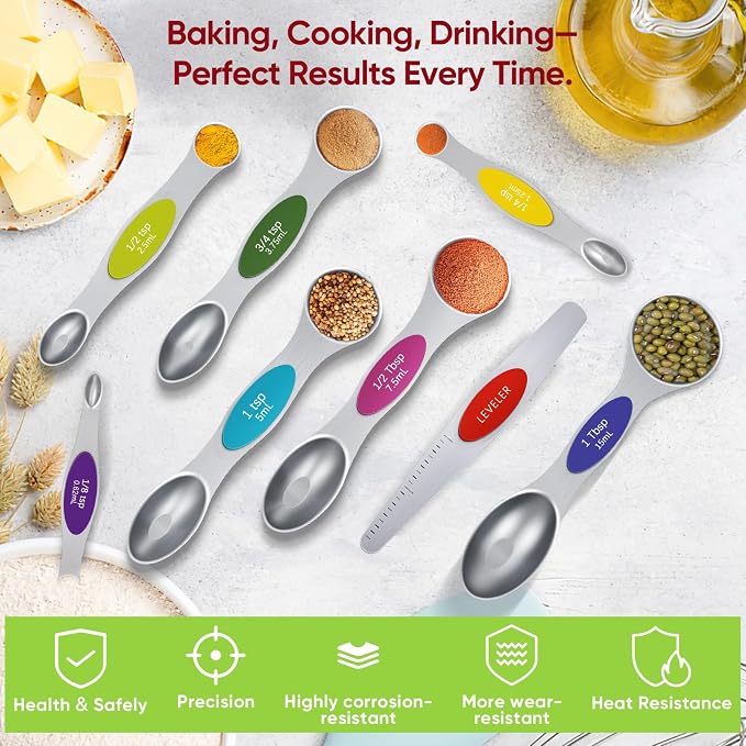 Magnetic Measuring Spoons Set with Strong N45 Magnets, Heavy Duty Stainless Steel Metal, Fits in Most Kitchen Spice Jars for Baking & Cooking, BPA Free, Multicolor