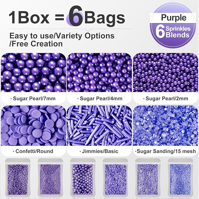 HUEBEATY® 6-in-1 Purple Edible Pearls Sprinkles, Sanding Sugar for Cake Decorating, Cupcakes, Cookies & Ice Cream - 180g, Edible Mardi Gras, Halloween & Mermaid Purple Cake Sprinkles and Decorations