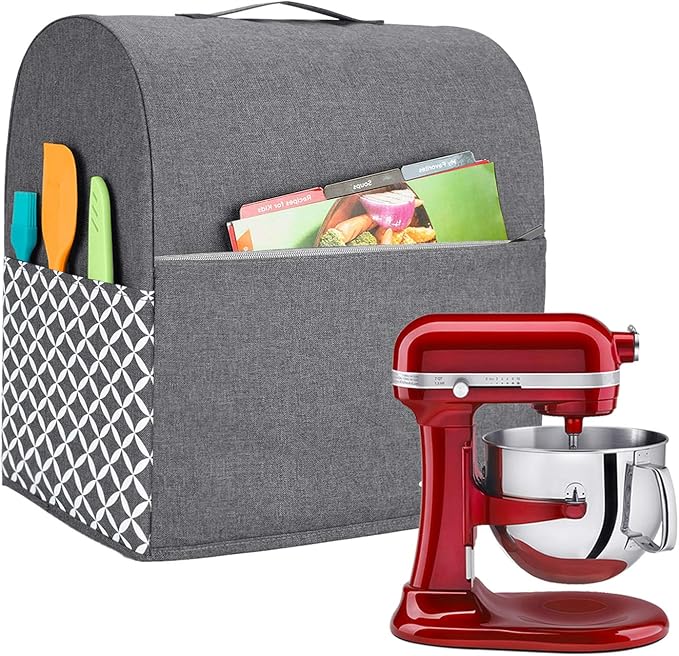 YARWO Stand Mixer Dust Cover Compatible with KitchenAid Mixer 6-8 Quart | Top Handle, Side Pockets for Kitchen Supplies, Dust-proof Protective Cover for Bowl-Lift 5.5/6/7 qt, Washable, Gray with Grid
