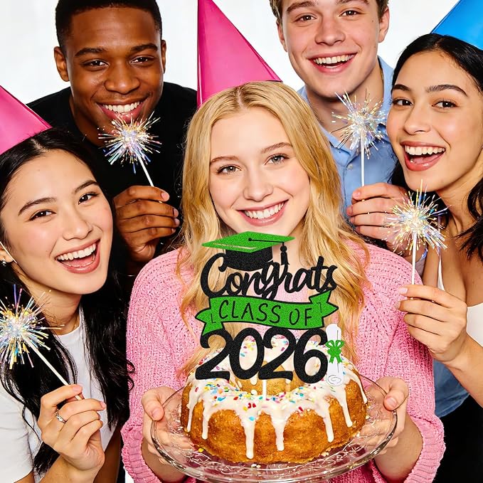 Congrats Class of 2026 Cake Topper Congrats Grad Cap Diploma We Are Proud of You Theme for College Happy Graduation Party Supplies High School Graduate Decoration (Black and Green)