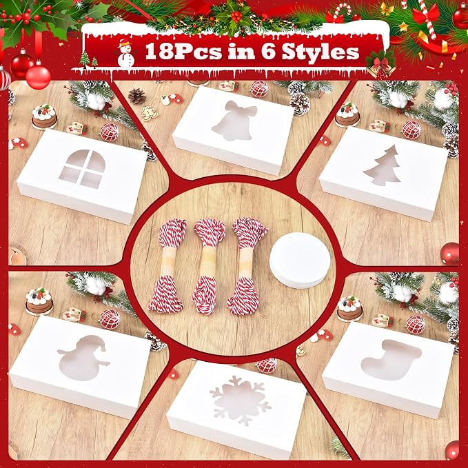 COTOPHER 18Pcs Christmas Cookie Boxes with Window, 12x8x2.5 inch White Bakery Boxes for Gift Giving, Kraft Treat Boxes Dessert Boxes for Cakes Donuts Chocolate Strawberries Pastries Muffins