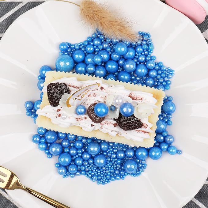 Blue Sprinkles for Cake Decorating, 130g/4.6oz Edible Royal Blue Pearl Sprinkles Mix, Sugar Candy Pearls for Baking, Cookie Decorations and Cupcake Toppings, Wedding Party Supplies