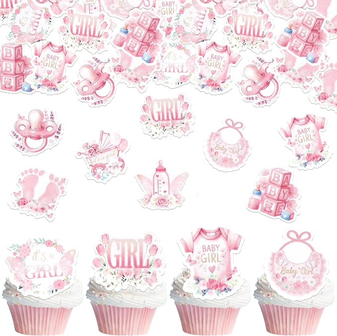63 PCS Edible Baby Shower Cupcake Toppers Bottle Carriage Oh Baby Girl Cupcake Picks Edible It's a Girl Cupcake Decorations for Gender Reveal Baby Shower Birthday Party Cake Decorations Supplies Pink