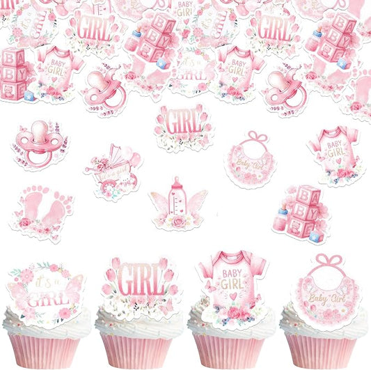 63 PCS Edible Baby Shower Cupcake Toppers Bottle Carriage Oh Baby Girl Cupcake Picks Edible It's a Girl Cupcake Decorations for Gender Reveal Baby Shower Birthday Party Cake Decorations Supplies Pink