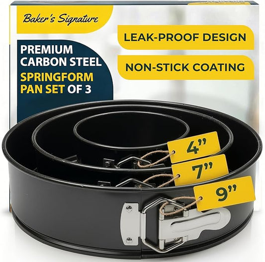 Springform Pan Set of 3 - 4,7,9" Carbon Steel With Removable Bottom – Leakproof Design, Nonstick Coating Cheesecake Pan – Durable Cake Mold With Secure Latch, Even Heat Cheese Cake Pans For Baking