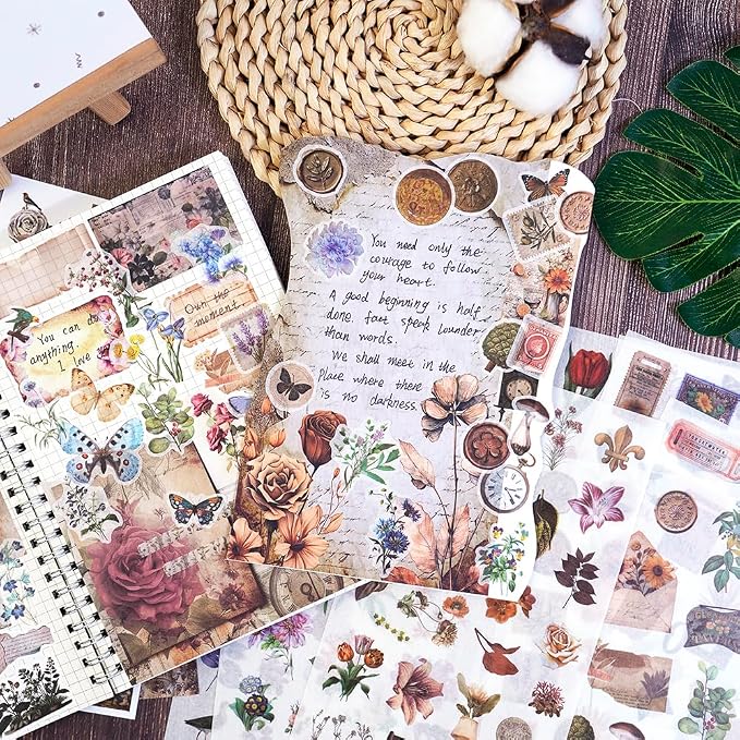 347Pcs Journaling Stickers and 20 Sheets Scrapbook Paper, Vintage Scrapbooking Kit, Plant Flower Butterfly Background Ephemera for Junk Journal Supplies, Planners, Bujo, Collage Art