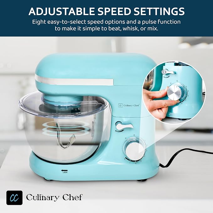 CULINARY CHEF 4.5L Stand Mixer with Stainless Steel Bowl, Tilt-Head Kitchen Electric Mixer with Dough Hook, Mixing Beater and Whisk, Splash Guard, Blue