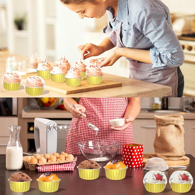 100 Pack 5oz Cupcake Pans with Dome Lids, Disposable Ramekin Cupcake Liners,Reusable Mini Muffin Case Dessert Containers for Birthday Wedding Party (Gold)