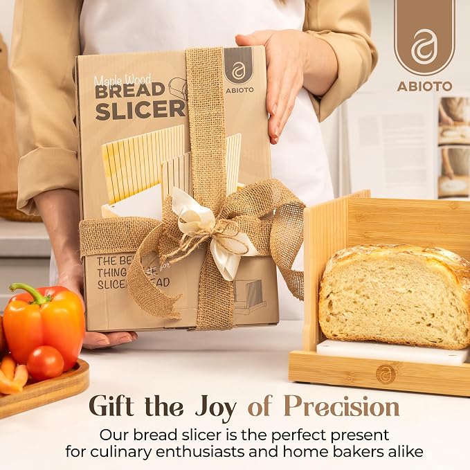 ABIOTO Bread Slicer for Homemade Bread - No Splinter with HDPE Base & Maple Finger - 4 Different Thicknesses for Uniform & Consistent Slices - Foldable Bread Cutter with Optimal Knife Grooves