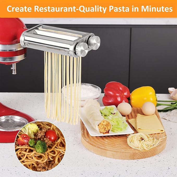 FavorKit Pasta Maker Attachment for KitchenAid Stand Mixers, Sturdy 3 in 1 Set Included Pasta Sheet Roller, Spaghetti and Fettuccine Cutter Accessories, Metal Construction, Unique Design