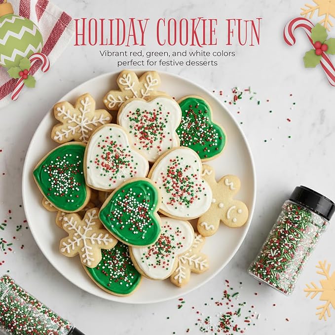 NY Spice Shop Sprinkles Nonpareils & Sanding Sugar – Red Green White Nonpareils & Sprinkle - Edible Christmas Festive Cooking Decor Sprinkle - Candy Cane Sprinkles for Baking and Dessert Toppings