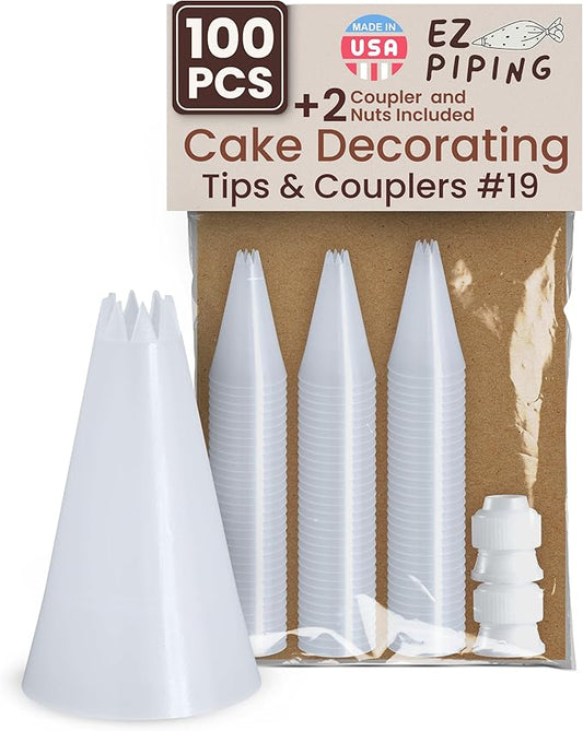 Reusable Plastic Piping Tips Standard Size Star Tip #19 100 Pack with 2 Couplers Star Icing Nozzle for Cake Decoration, Dessert Design Baking Supplies and Piping Bags Base Ø 0.75"Height 1.25"