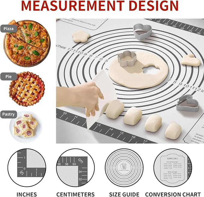 Silicone Baking Mat with Measurement, Non Stick Silicone Pastry Mat for Dough Rolling, Silicone Mat for Baking Macaron Pizza Cookies Pie Crust Oven, Silicone Bread Mat