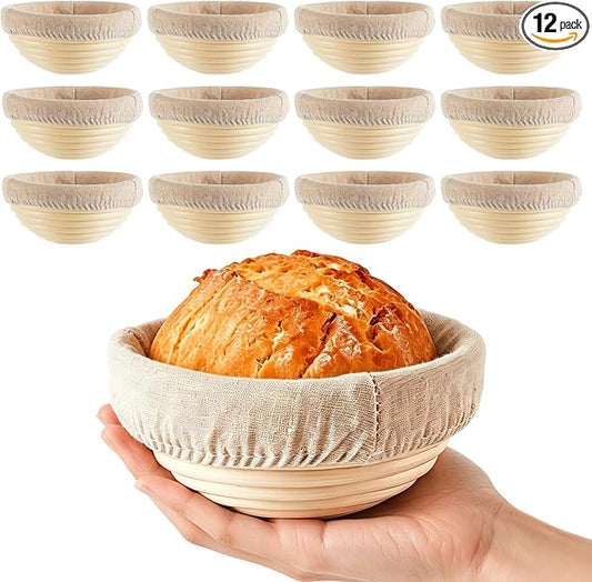 5 Inch Banneton Bread Proofing Basket Set of 12 with Linen Liner Cloth Mini Banneton Basket Proofing Baskets for Traditional Sourdough Bread Bakery Bowls for Professional & Home Bakers