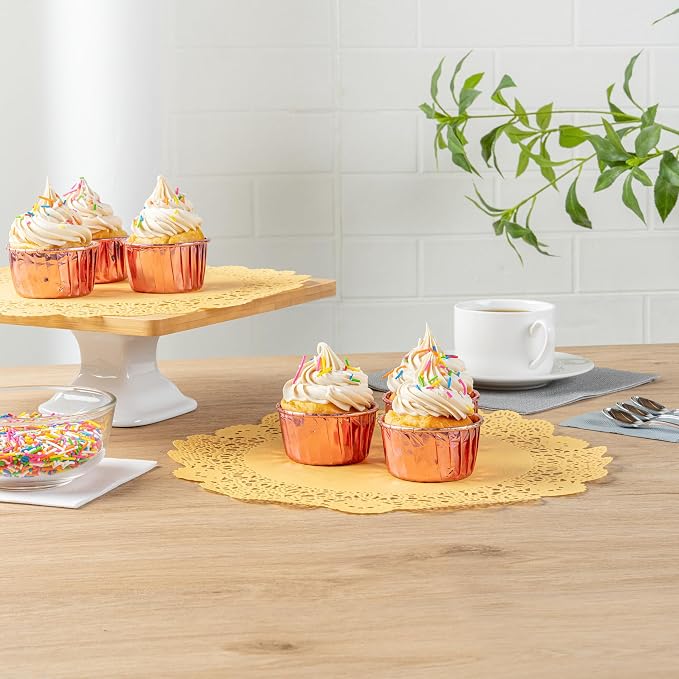 Pastry Tek 12 x 12 Inch Paper Lace Doilies, 100 Disposable Table Doilies - Elegant Lace Finish, Long Lasting, Orange Paper Doily, for Pastries, Cupcakes, Desserts - Restaurantware