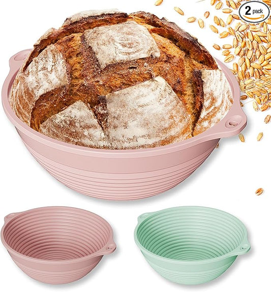 Upgraded 2 Pack Silicone Banneton Bread Proofing Baskets for Sourdough, Reinforced Rim Support & Dual Handles, 9" Foldable Proofing & Baking Bowls, Oven & Dishwasher Safe, BPA-Free (Green+Pink)