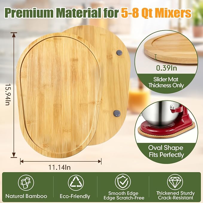 Mixer Slider for Kitchenaid Mixer 5-8 Qt Bowl Lift Stand Mixer Bamboo Wood Countertop Appliance Sliding Tray Mover Sliding Caddy for Kitchen Aid Slider Mat Accessories Attachments Natural Bamboo