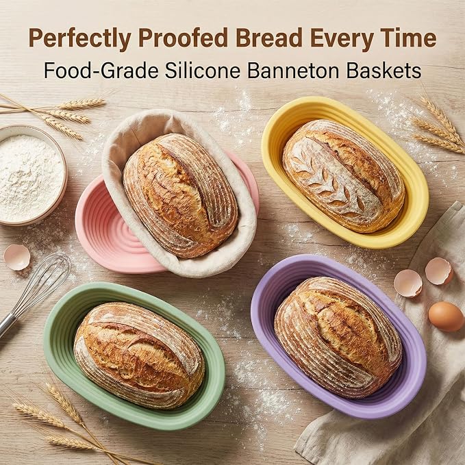 4 Pcs Silicone Banneton Bread Proofing Basket Set, 10" Oval Banneton Basket, Collapsible Sourdough Basket with Liner for Artisan Baking
