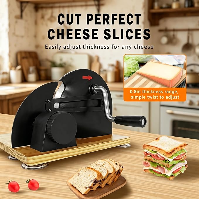 Manual Bread Slicer Adjustable Thickness with Foldable Solid Wood Base, Sourdough Bread Slicer for Homemade Bread, Hand Crank Sandwich Bread Cutter with Big Suction