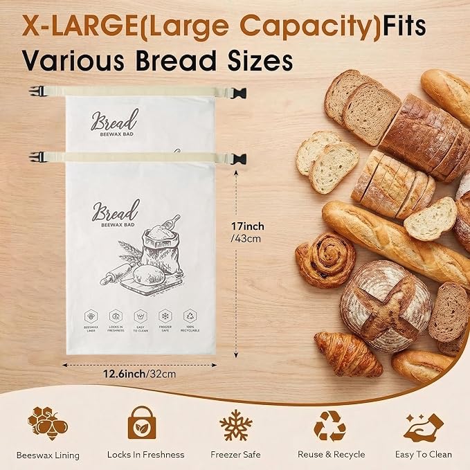 2-Pack Extra Large Beeswax Bread Bags with Zipper Seal – Reusable Bread Storage Bags, Eco-Friendly Natural Beeswax Lining, to Keep Homemade Bread Fresh for Sourdough & Artisan Loaves (White) | with Zipper