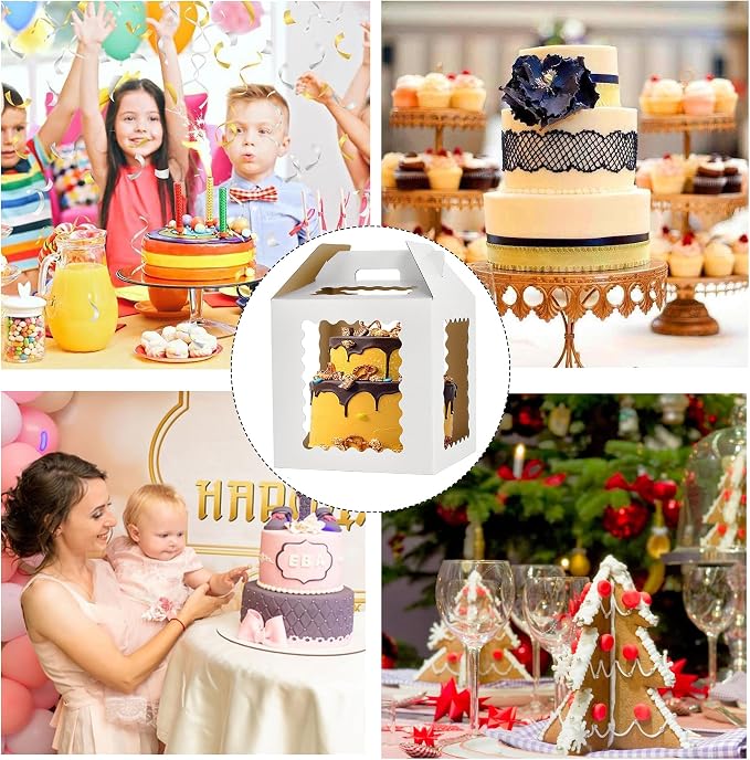 XININSUN Tall Cake Boxes with 6 windows,12x12x12inch Tall Cake Carrier for Tier Cake,12inch cake transport container,Bakery Take Out Containers for Wedding, Birthday, Party