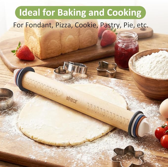 Oiforce Rolling Pin with Adjustable Thickness Rings, Wooden Rolling Pin for Baking, 13.6" Precise Dough Roller for Baking Fondant, Pizza, Pie, Pastry, Pasta, Cookies and More