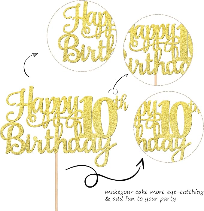 1 PCS Happy 10th Birthday Cake Topper Gold Glitter Cheers to 10 Years Birthday Cake Pick 10 Fabulous Double Digits Cake Decoration for Happy 10th Birthday Theme Party Decorations Supplies