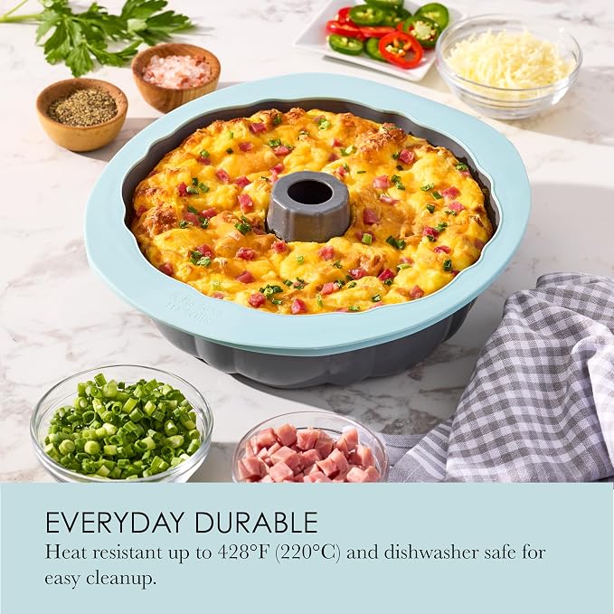 Chicago Metallic Silicone Fluted Cake Pan, 10 Inch Nonstick Bundt Cake Mold, Blue, Wire-Reinforced Rim, Oven Safe to 428F, Flexible Food-Grade Silicone Bakeware