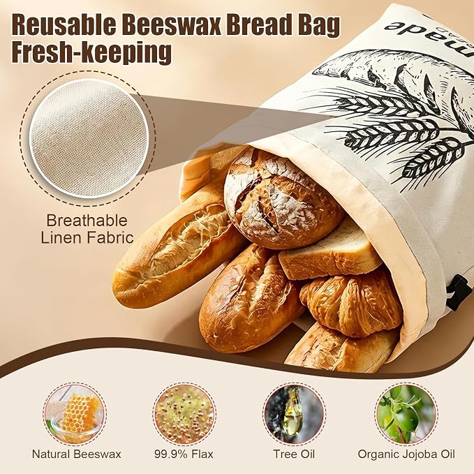 2 Pack Beeswax Bread Bags for Sourdough, XL Reusable Organic Linen Beeswax Bread Bag for Homemade Sourdough Food Storage Cloth Bag with 20 Paper Bread Bags, Freezer-Friendly Freshness Preservation