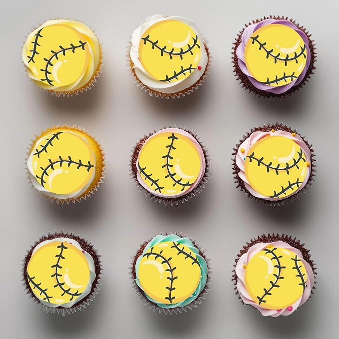 48pcs Edible Sports Cupcake Toppers Edible Basketball Soccer Baseball Tennis Rugby Cake Decorations for Sports Ball Game Theme Baby Shower Birthday Party Cake Decorations Supplies (softball)