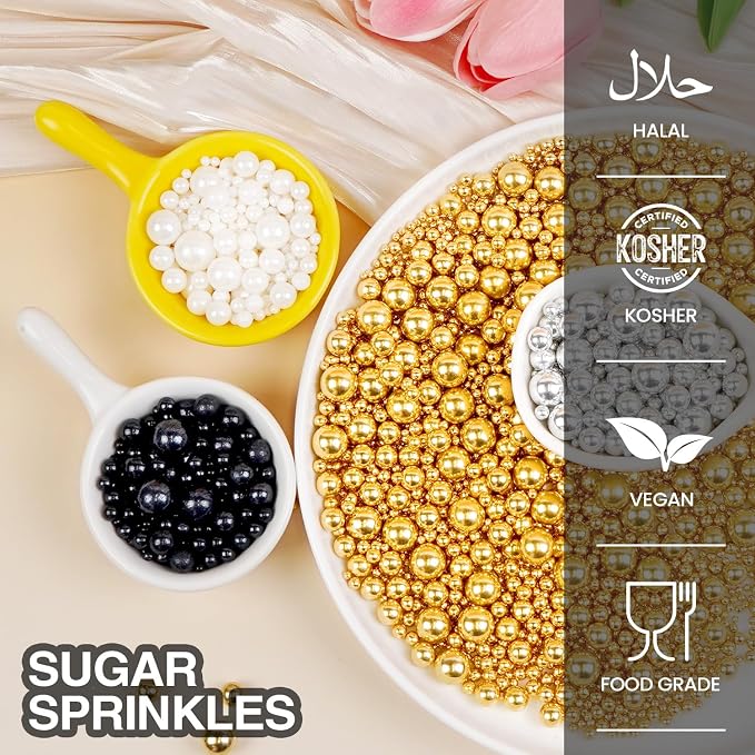 Edible Pearl Sprinkles for Cake Decorating, 160g/5.64oz, Mix 4 Colors Gold White Silver and Black Pearls Sprinkles for Cupcake, Cookies, Baking Cake Decorations, Holiday, Wedding Party Supplies